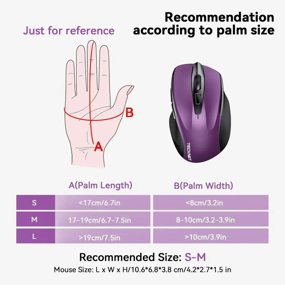 TECKNET Ergonomic 2.4G Wireless Mouse 2600 DPI 6-Button Computer PC Laptop Purpl